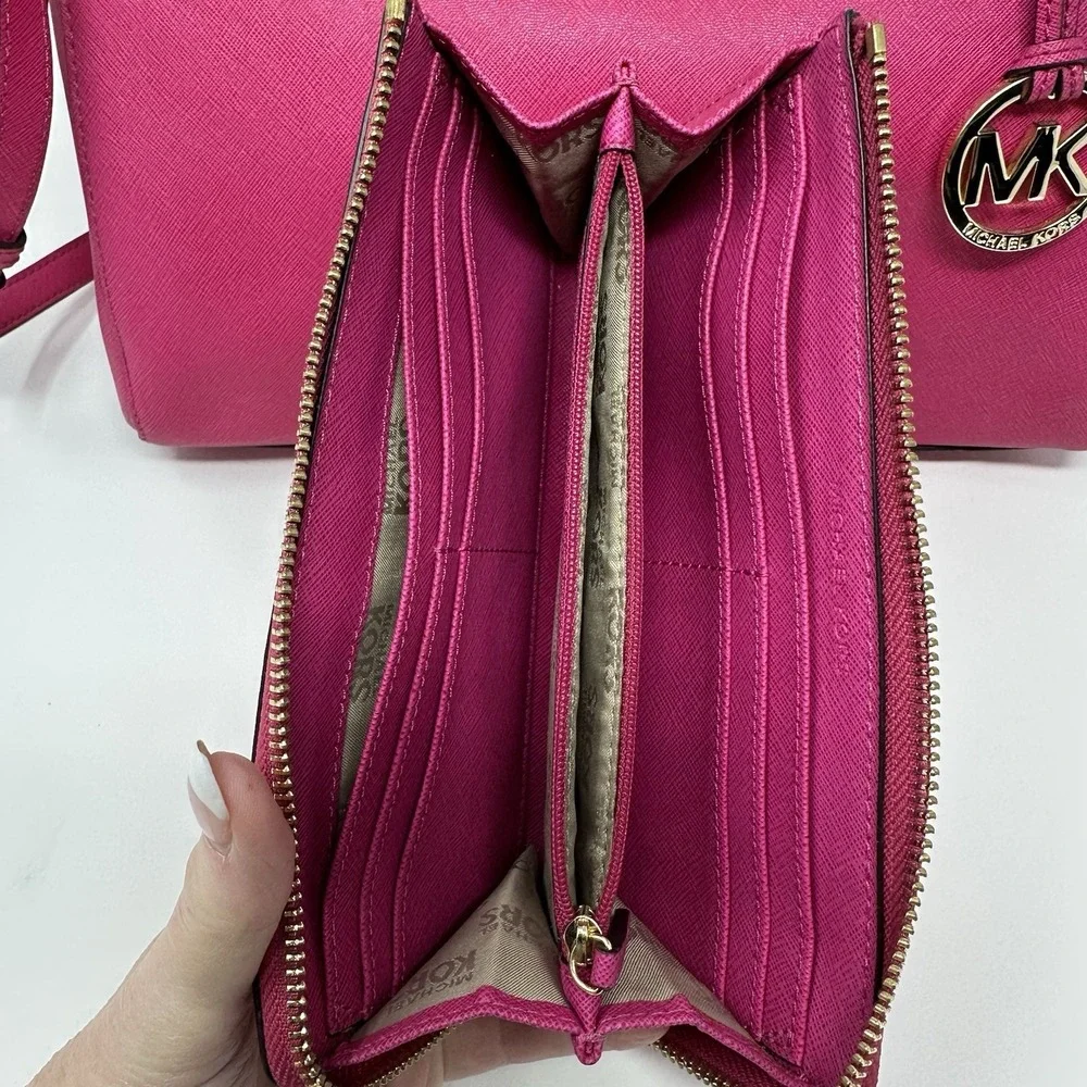 Michael Kors Pebbled Leather Satchel Color Raspberry With Matching Wallet